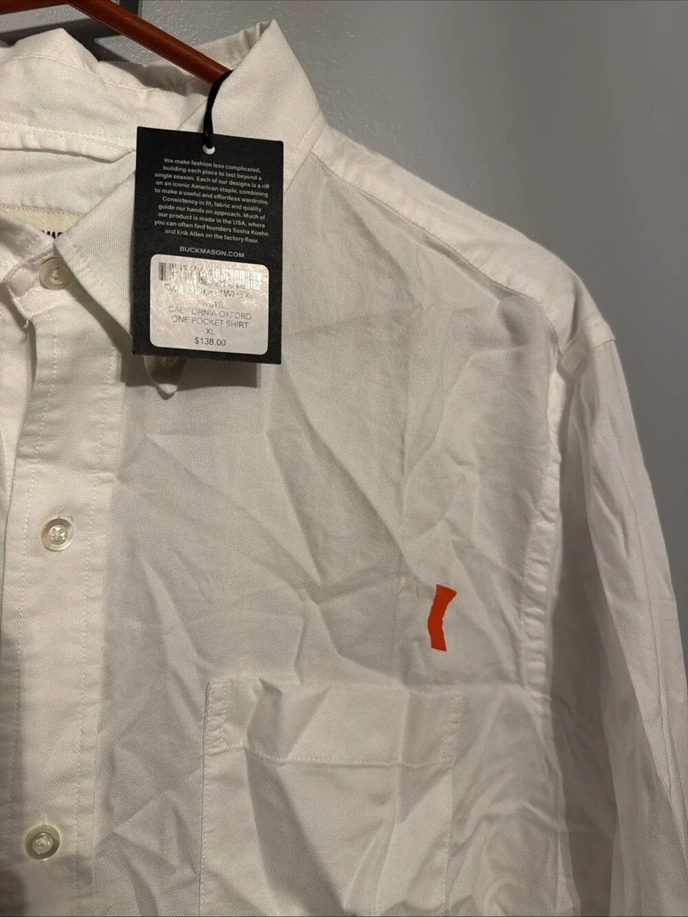Buck Mason Men’s XL White California Oxford One Pocket Shirt